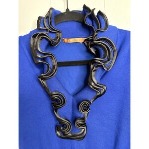 Belldini Womens V Neck Sweater with ruffles Royal Blue And Black Trendy Italian